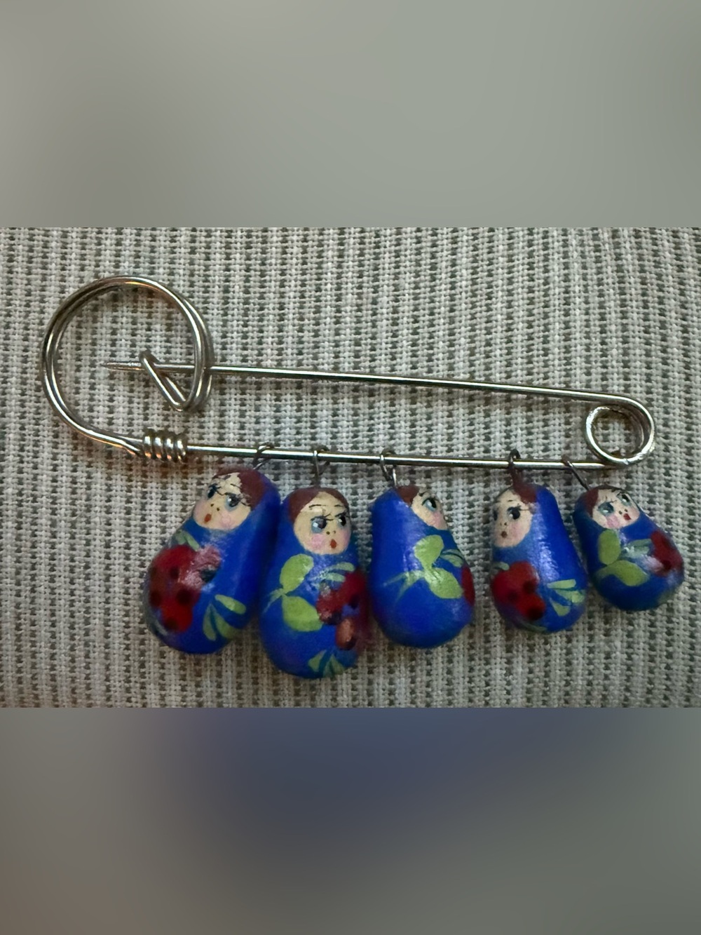 Russian Blue Matryoshka Doll Safety Pin Brooch - Hand Painted vintage